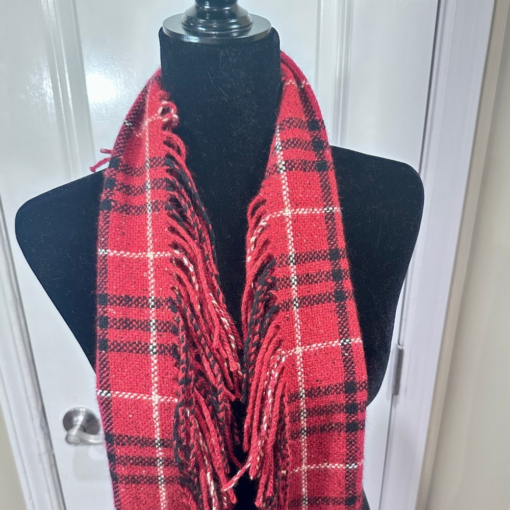 NEW tag Burberry Red Black Plaid Check Happy Fringe Scarf Merino Angora Cashmere - Picture 3 of 11